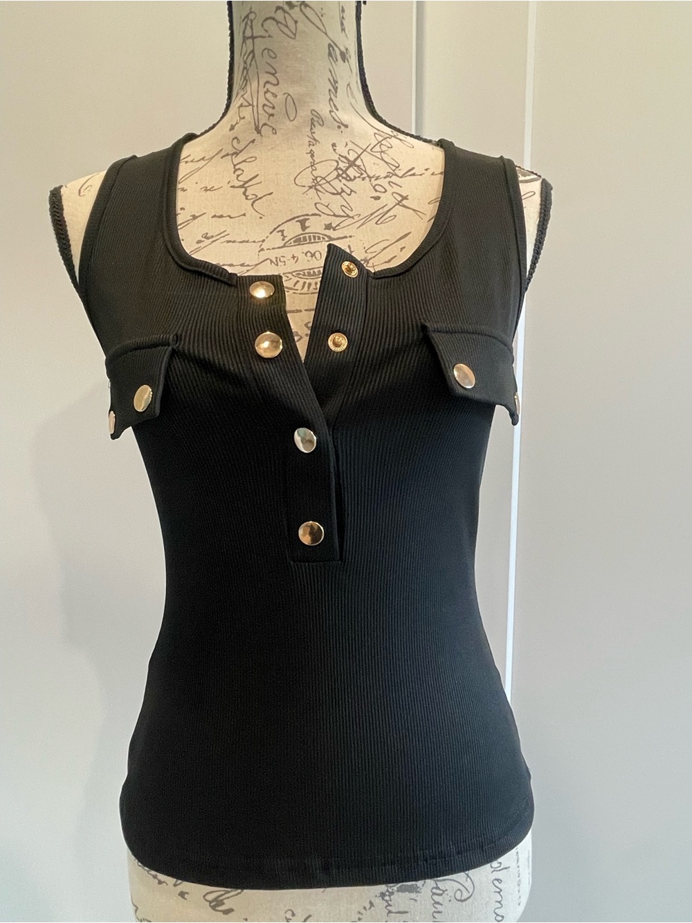SHEIN Black Ribbed Tank Top with Gold-Tone Buttons